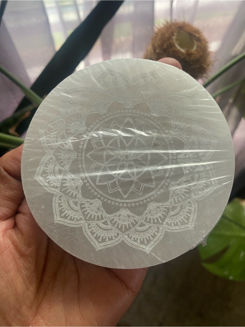 Round White Selenite Charging Plate with Etched Mandala